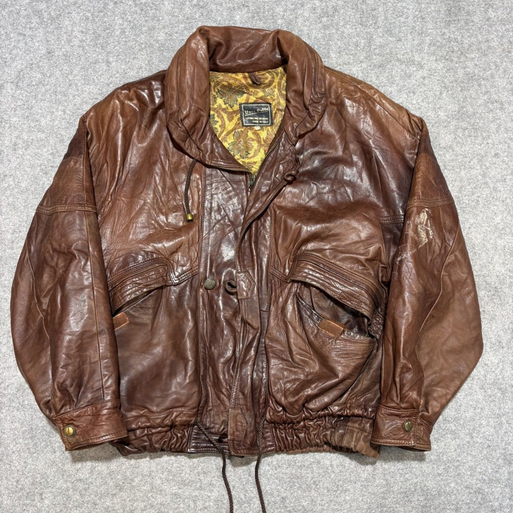 Vera Pelle Vintage Italian Leather Bomber Jacket Brown Paisley Lined Size 52